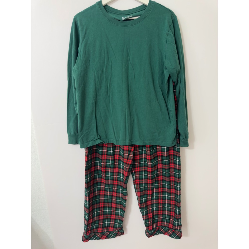 PajamaGram Women's‎ Large Pajama Set Green Plaid Long Sleeve Cotton Loungewear